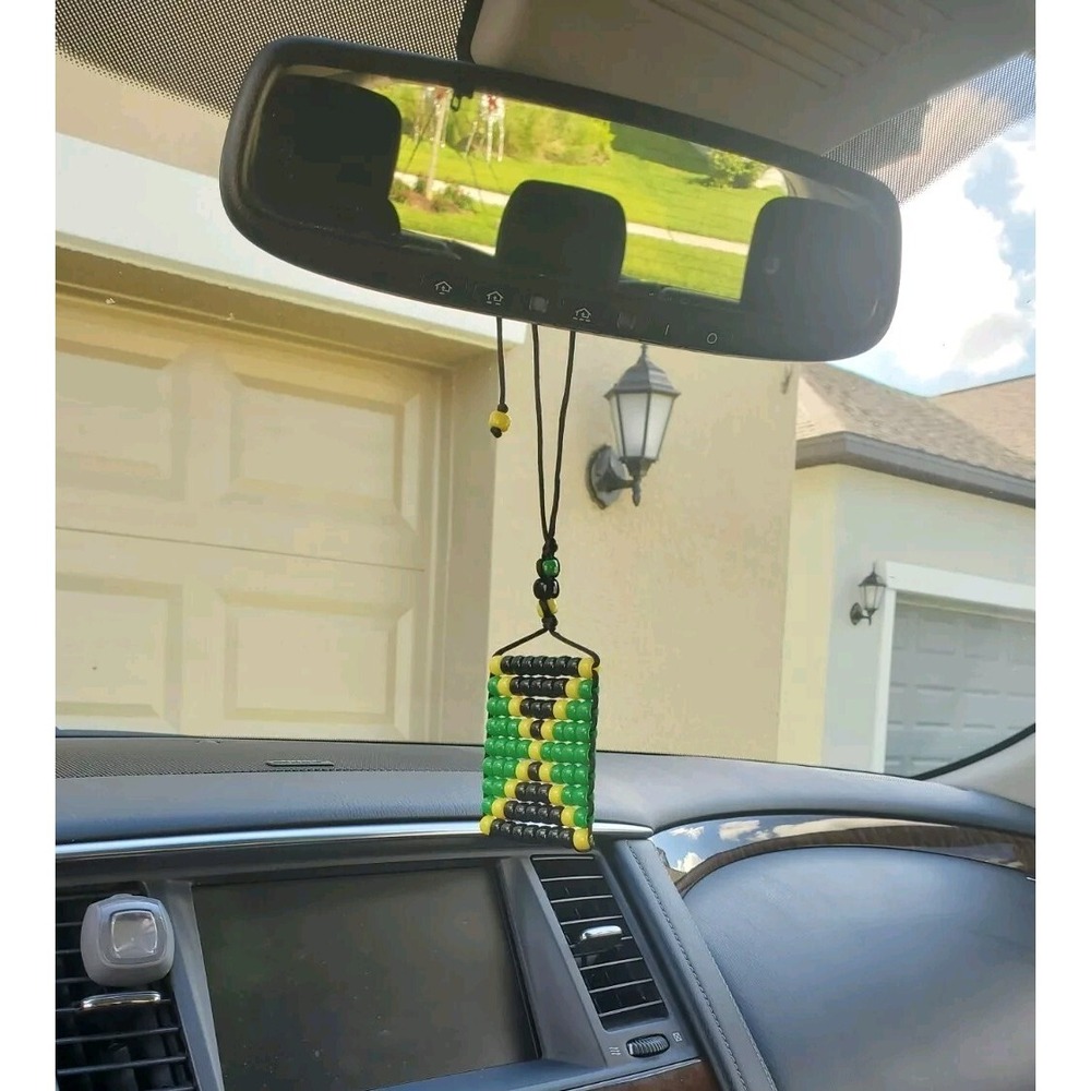 Jamaican flag car mirror Danglers/Necklace. Mini Beaded Flag 2.5" x 3".